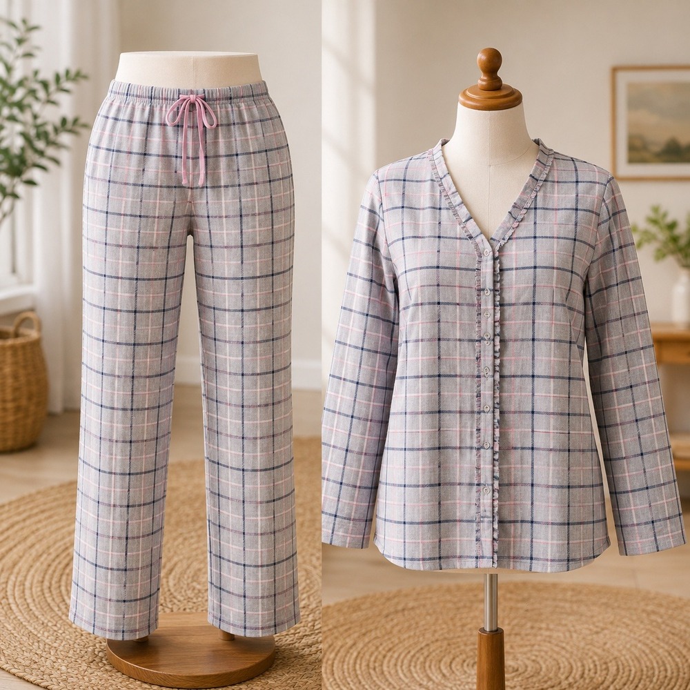 NEW Cuddl Duds Pajama Set Small Grey Plaid Long Sleeve Button Top Pants 2pc